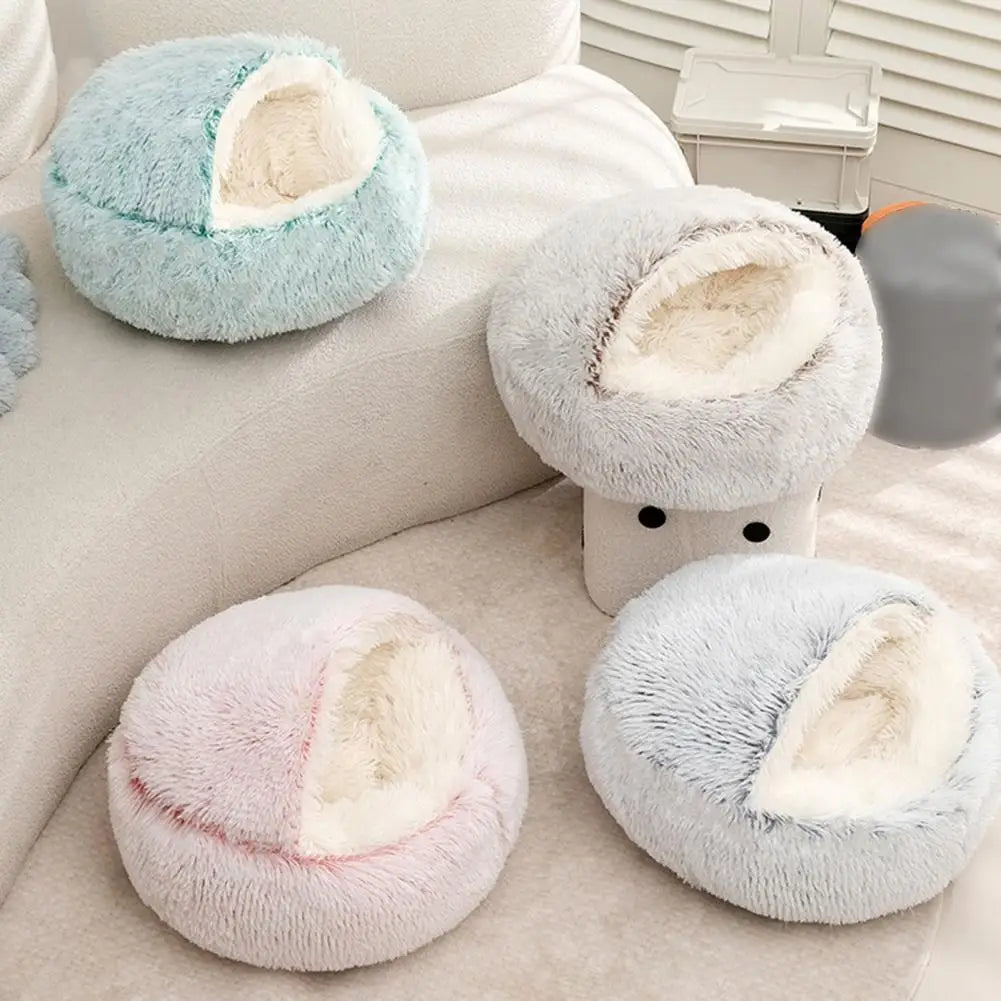 Cat Plush Bed Faux Fur Fluffy Hooded Calming Cat Bed Cave Winter Cozy Round Pet Nest PP Cotton Pet Bed for Cats Small Dogs