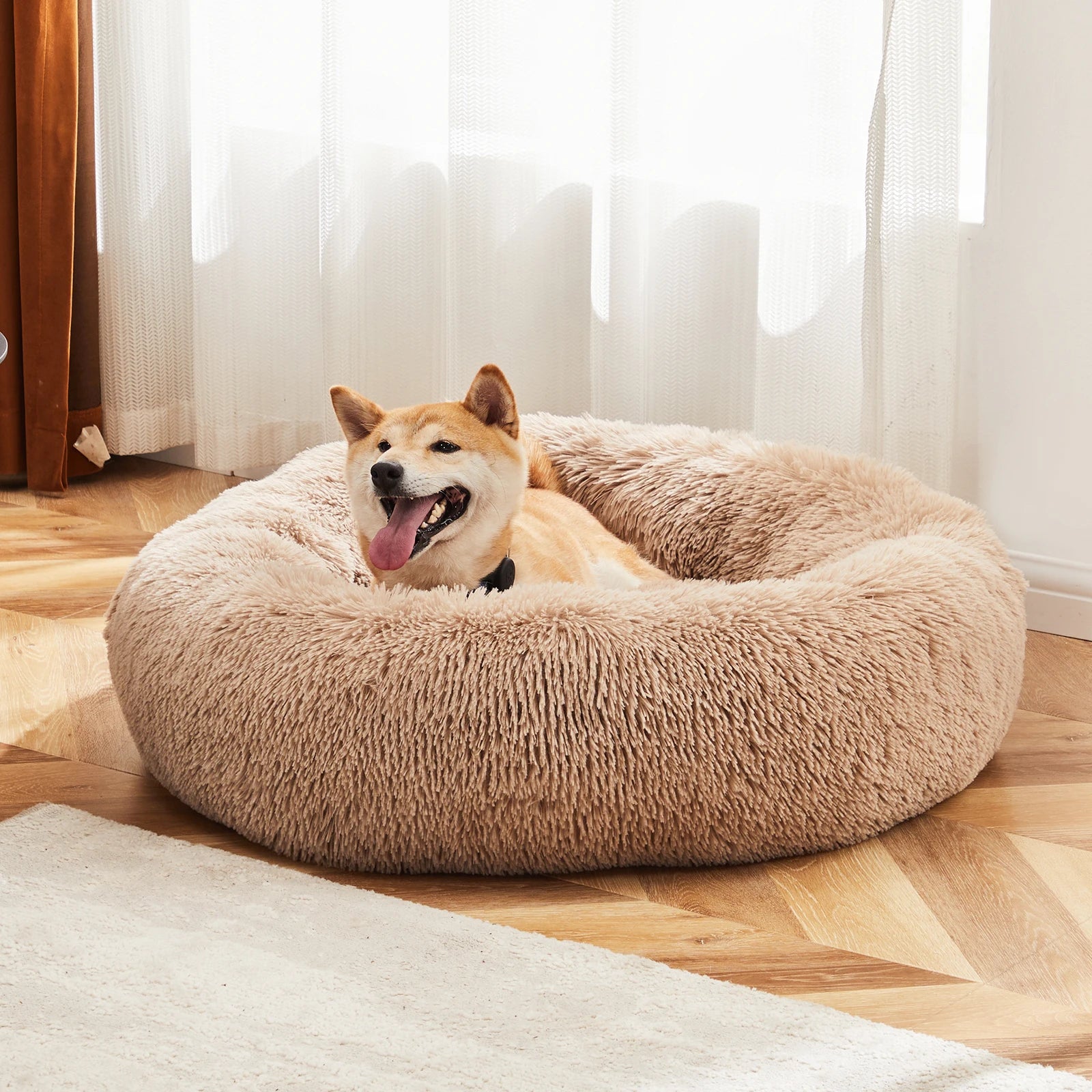 Calming Dog Bed for Medium to Large Dogs Washable Large Pet Bed Anti-Slip Round Fluffy Plush Faux Fur Dog Bed