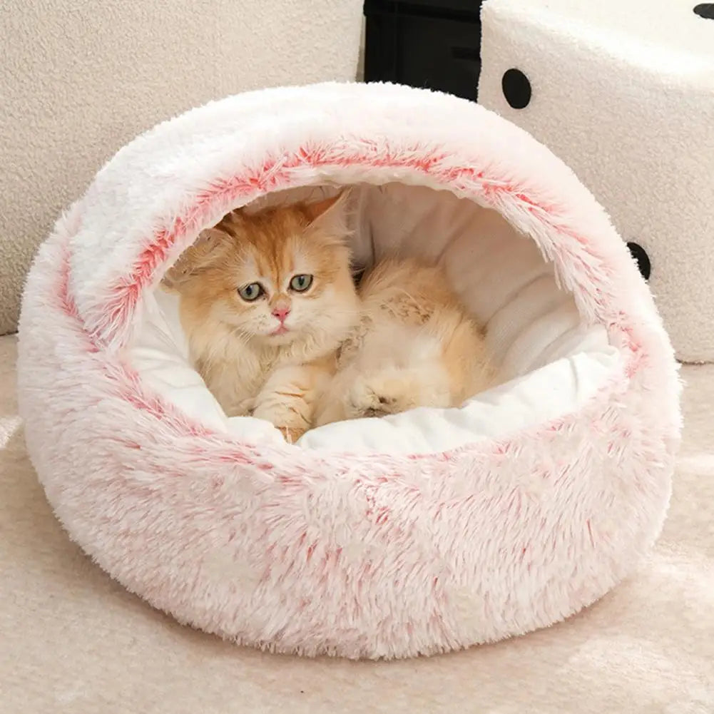 Cat Plush Bed Faux Fur Fluffy Hooded Calming Cat Bed Cave Winter Cozy Round Pet Nest PP Cotton Pet Bed for Cats Small Dogs