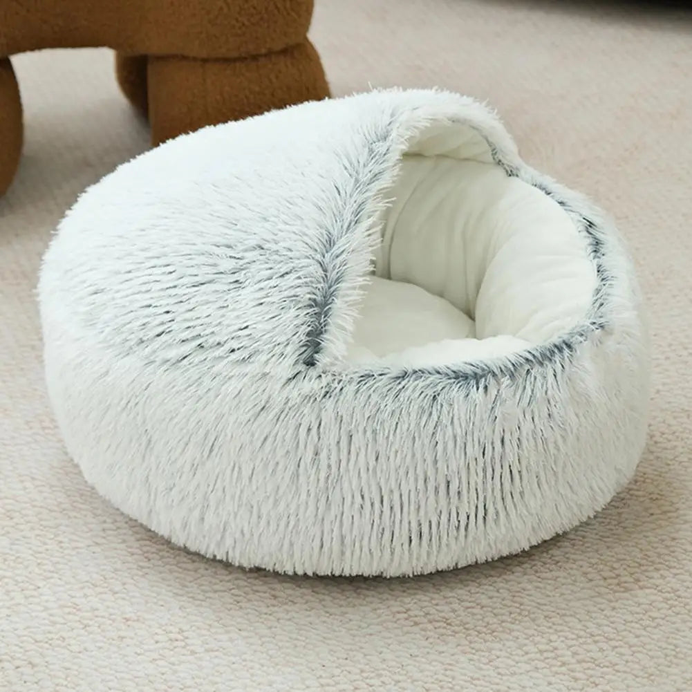 Cat Plush Bed Faux Fur Fluffy Hooded Calming Cat Bed Cave Winter Cozy Round Pet Nest PP Cotton Pet Bed for Cats Small Dogs